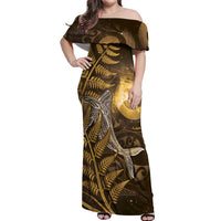 New Zealand Matariki Off Shoulder Maxi Dress Maori Koru With Humpback Whale Gold