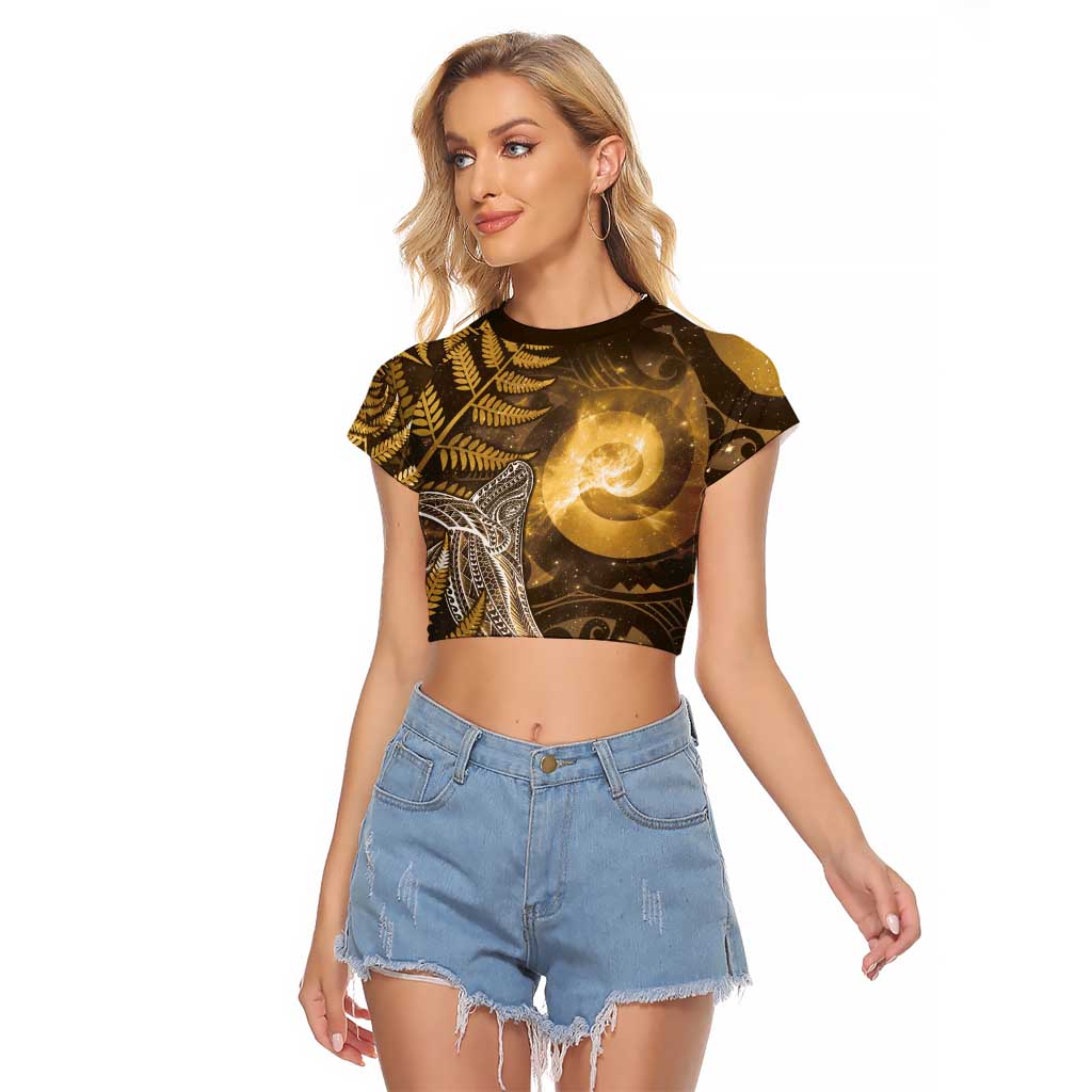 New Zealand Matariki Raglan Cropped T Shirt Maori Koru With Humpback Whale Gold