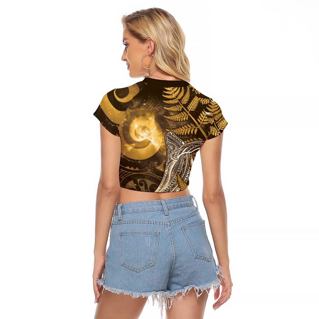 New Zealand Matariki Raglan Cropped T Shirt Maori Koru With Humpback Whale Gold