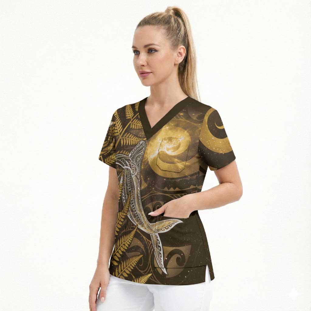 New Zealand Matariki Scrub Top Maori Koru With Humpback Whale Gold