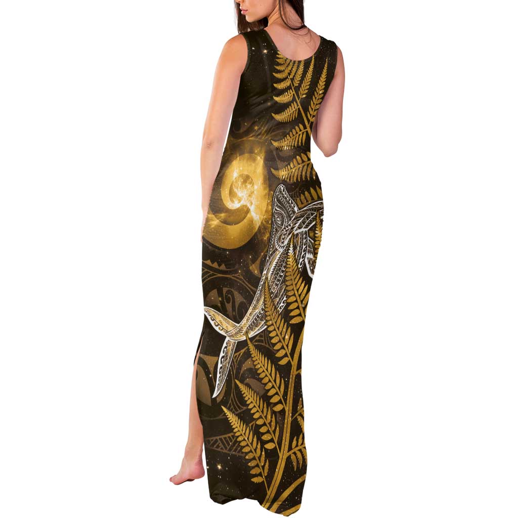 New Zealand Matariki Tank Maxi Dress Maori Koru With Humpback Whale Gold
