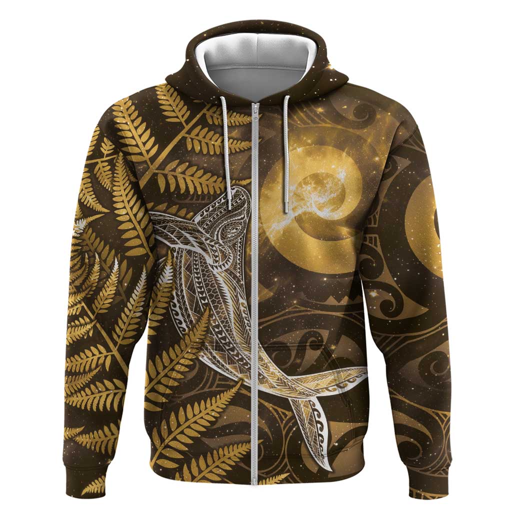 New Zealand Matariki Zip Hoodie Maori Koru With Humpback Whale Gold