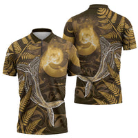 New Zealand Matariki Zipper Polo Shirt Maori Koru With Humpback Whale Gold