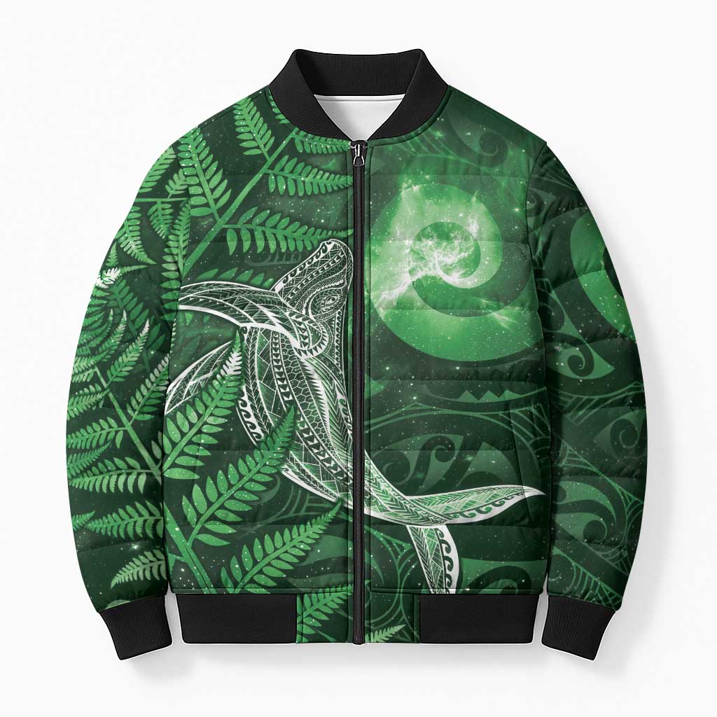 New Zealand Matariki Bomber Puffer Jacket Maori Koru With Humpback Whale Green