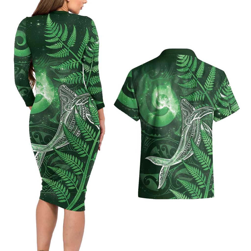 New Zealand Matariki Couples Matching Long Sleeve Bodycon Dress and Hawaiian Shirt Maori Koru With Humpback Whale Green LT05 - Polynesian Pride