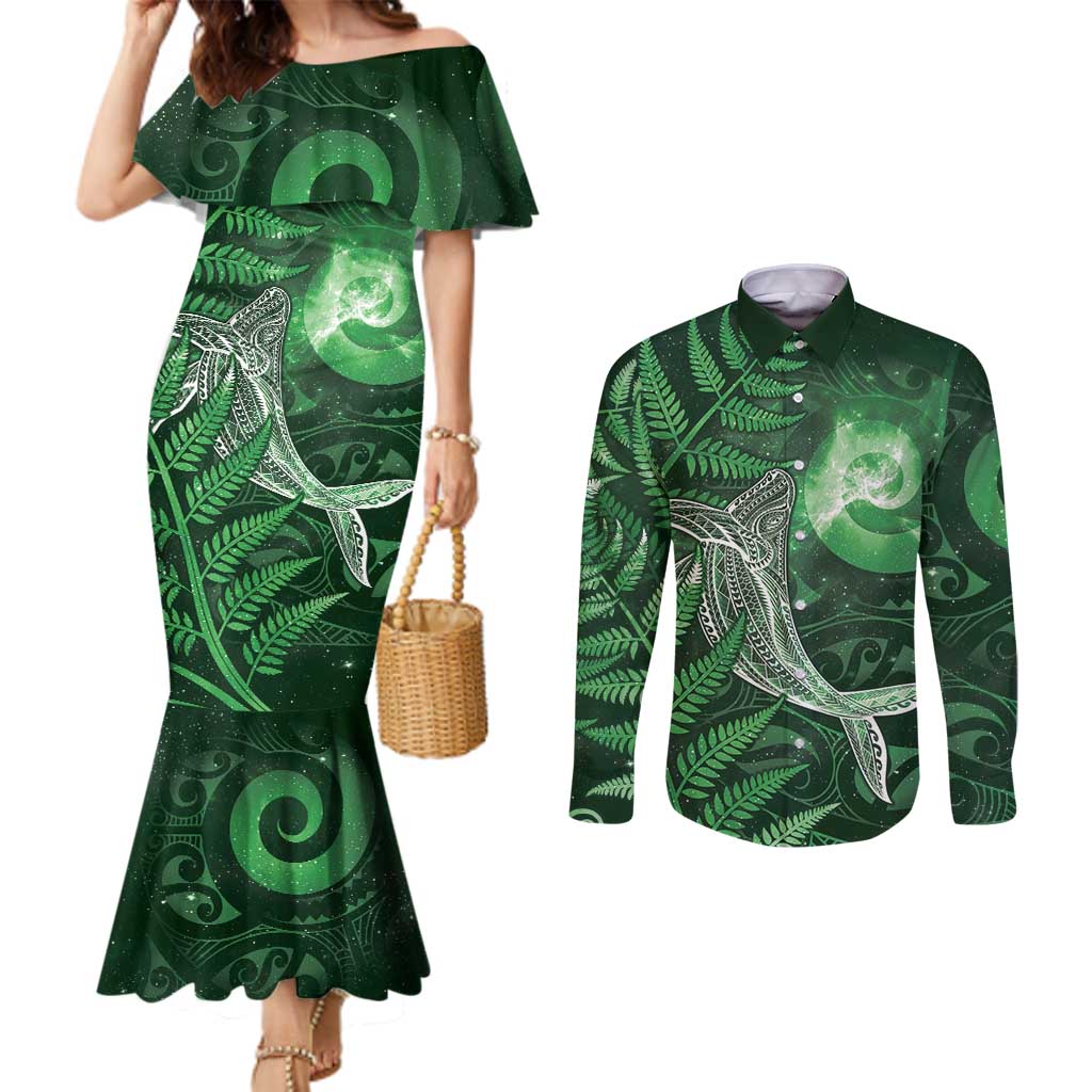 New Zealand Matariki Couples Matching Mermaid Dress and Long Sleeve Button Shirt Maori Koru With Humpback Whale Green LT05 Green - Polynesian Pride