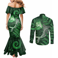 New Zealand Matariki Couples Matching Mermaid Dress and Long Sleeve Button Shirt Maori Koru With Humpback Whale Green LT05 - Polynesian Pride