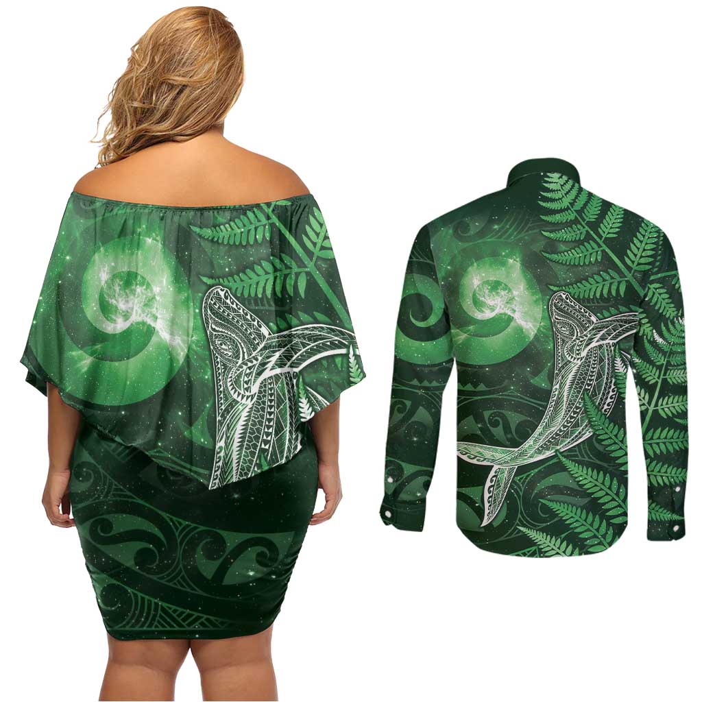 New Zealand Matariki Couples Matching Off Shoulder Short Dress and Long Sleeve Button Shirt Maori Koru With Humpback Whale Green