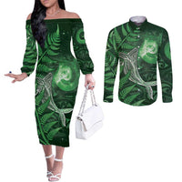 New Zealand Matariki Couples Matching Off The Shoulder Long Sleeve Dress and Long Sleeve Button Shirt Maori Koru With Humpback Whale Green LT05 Green - Polynesian Pride