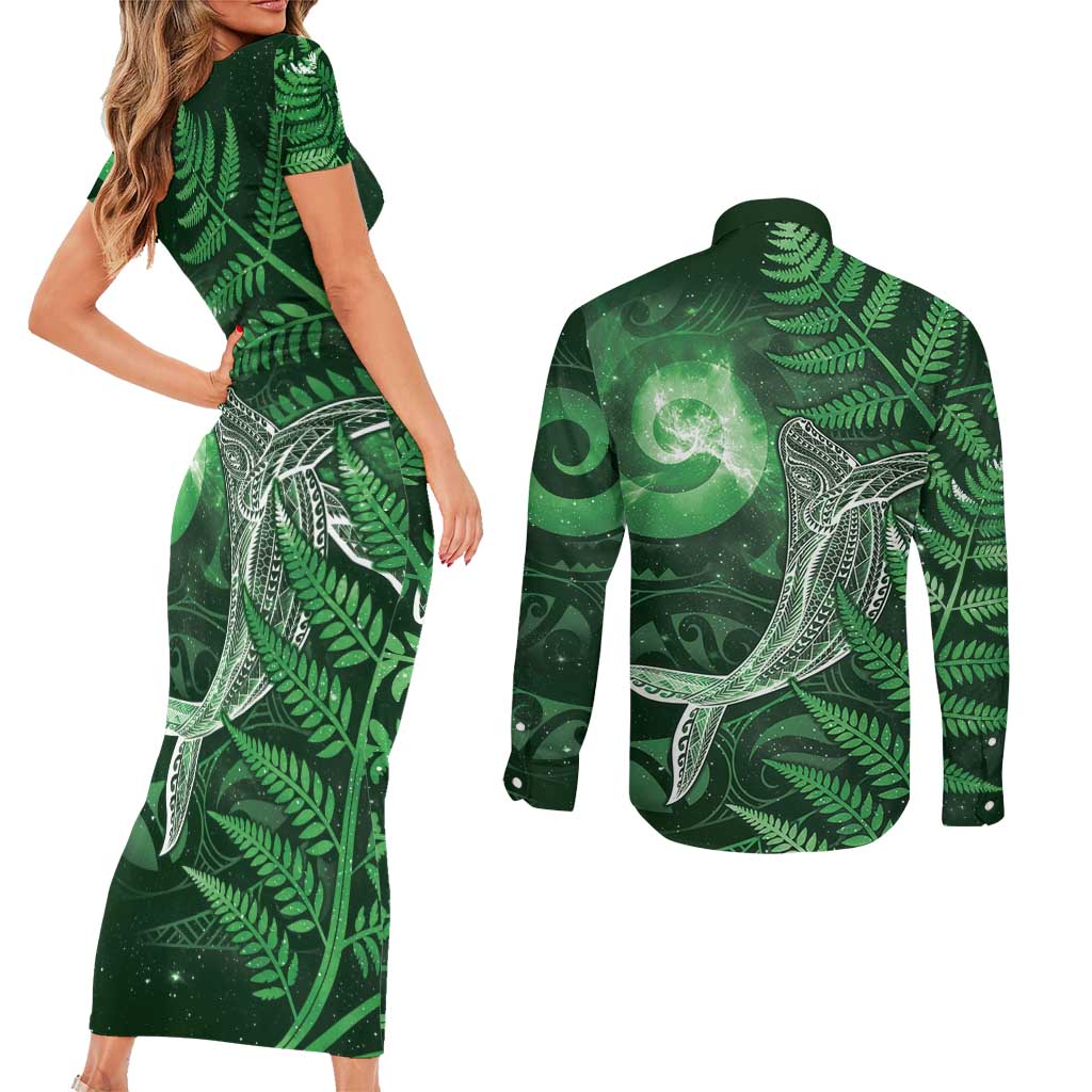 New Zealand Matariki Couples Matching Short Sleeve Bodycon Dress and Long Sleeve Button Shirt Maori Koru With Humpback Whale Green LT05 - Polynesian Pride