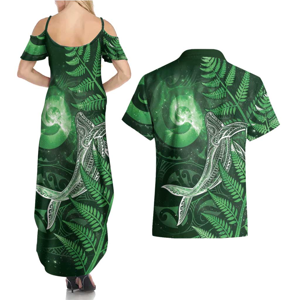 New Zealand Matariki Couples Matching Summer Maxi Dress and Hawaiian Shirt Maori Koru With Humpback Whale Green LT05 - Polynesian Pride