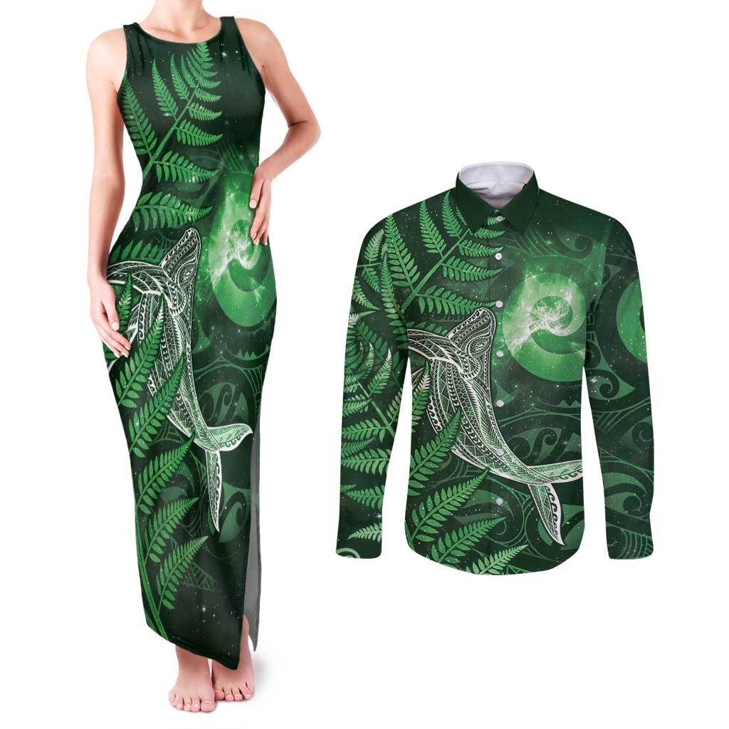 New Zealand Matariki Couples Matching Tank Maxi Dress and Long Sleeve Button Shirt Maori Koru With Humpback Whale Green LT05 Green - Polynesian Pride