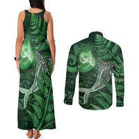 New Zealand Matariki Couples Matching Tank Maxi Dress and Long Sleeve Button Shirt Maori Koru With Humpback Whale Green LT05 - Polynesian Pride