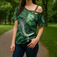 New Zealand Matariki Cross Shoulder Shirt Maori Koru With Humpback Whale Green