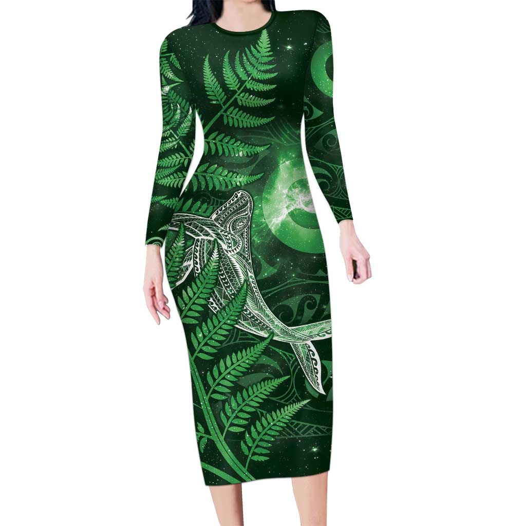 New Zealand Matariki Family Matching Long Sleeve Bodycon Dress and Hawaiian Shirt Maori Koru With Humpback Whale Green LT05 Mom's Dress Green - Polynesian Pride