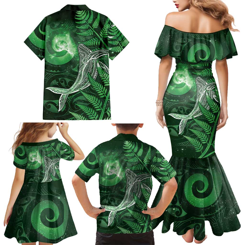 New Zealand Matariki Family Matching Mermaid Dress and Hawaiian Shirt Maori Koru With Humpback Whale Green LT05 - Polynesian Pride