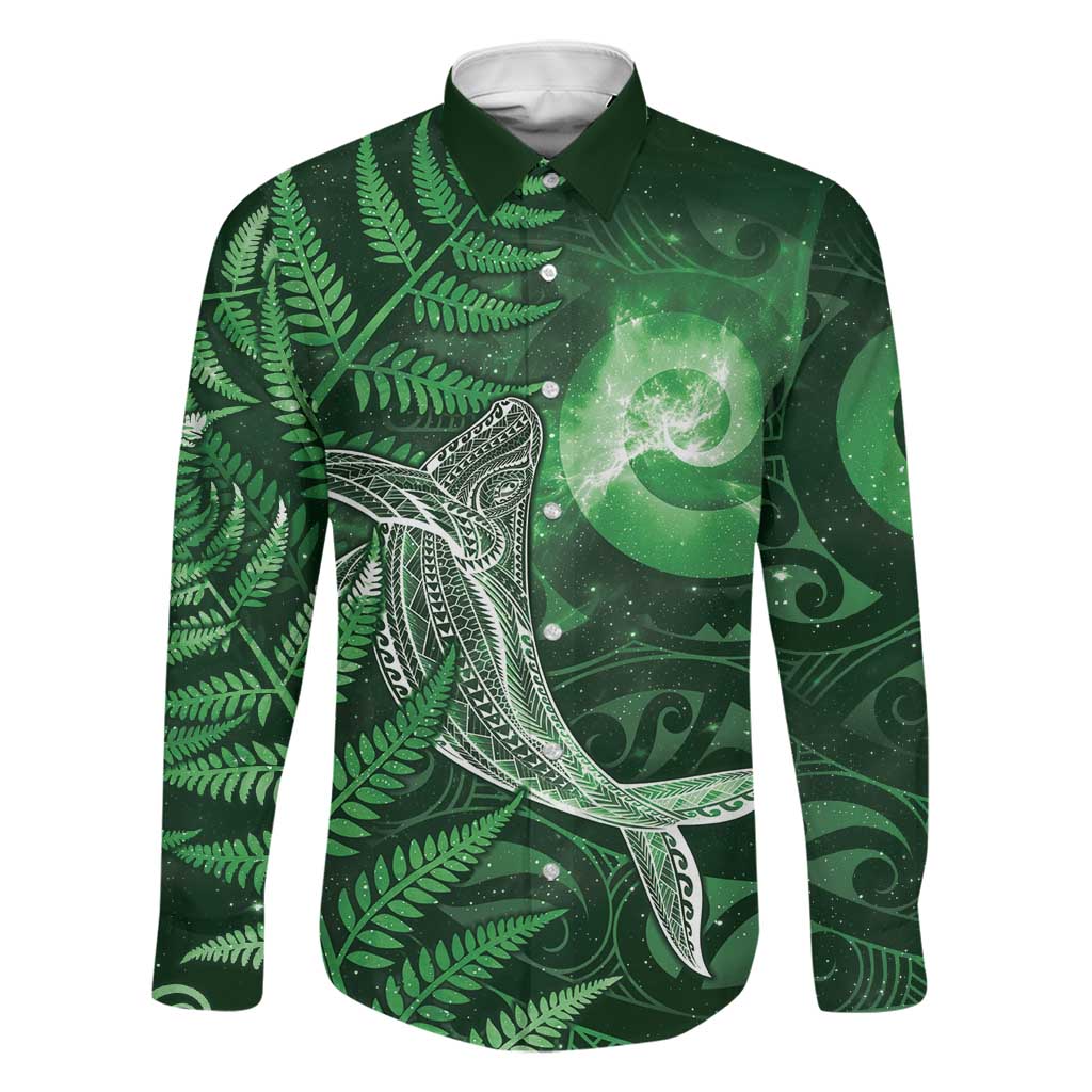 New Zealand Matariki Family Matching Off The Shoulder Long Sleeve Dress and Hawaiian Shirt Maori Koru With Humpback Whale Green LT05 Dad's Shirt - Long Sleeve Green - Polynesian Pride