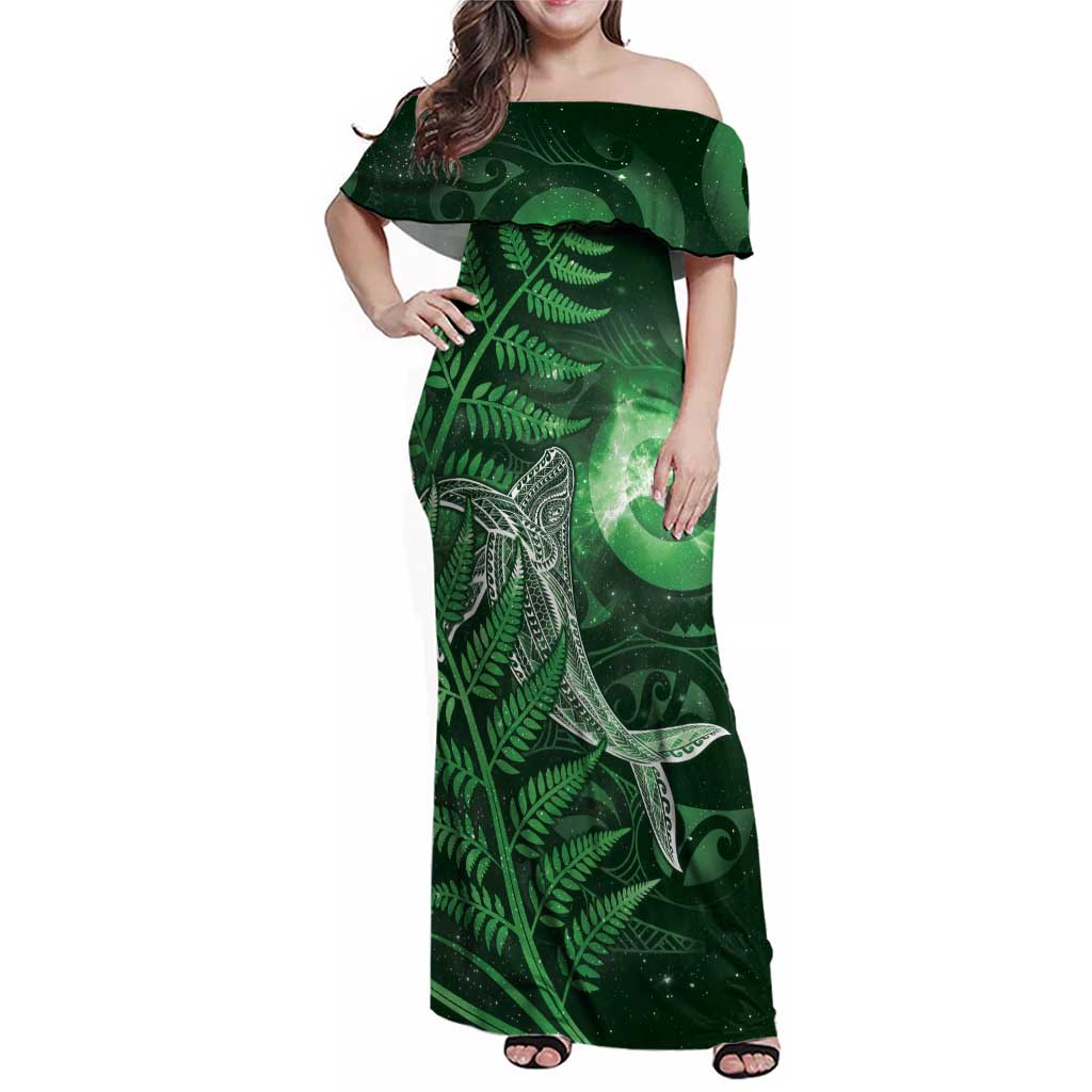 New Zealand Matariki Family Matching Off Shoulder Maxi Dress and Hawaiian Shirt Maori Koru With Humpback Whale Green LT05 Mom's Dress Green - Polynesian Pride