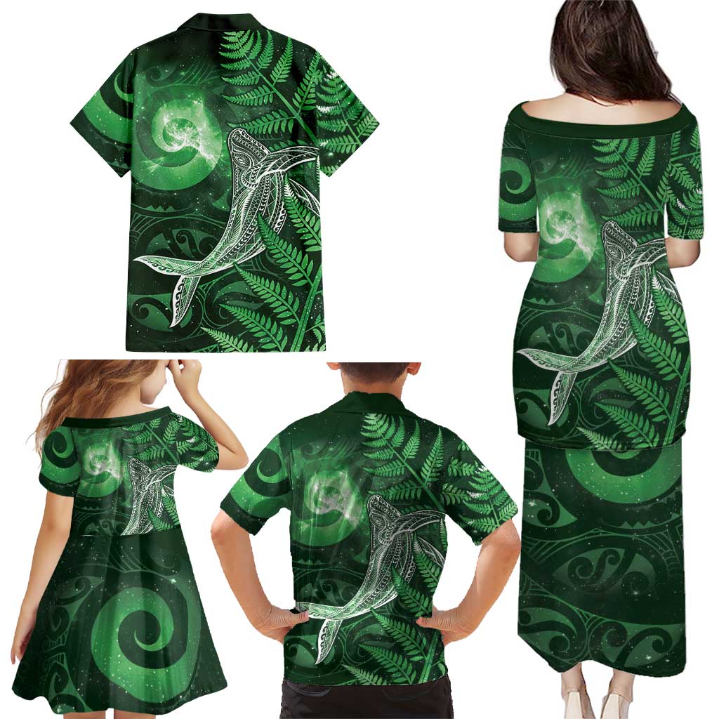 New Zealand Matariki Family Matching Puletasi and Hawaiian Shirt Maori Koru With Humpback Whale Green LT05 - Polynesian Pride