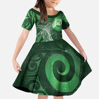 New Zealand Matariki Family Matching Short Sleeve Bodycon Dress and Hawaiian Shirt Maori Koru With Humpback Whale Green LT05 Daughter's Dress Green - Polynesian Pride