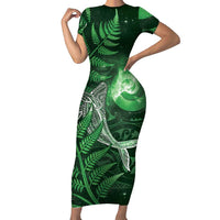 New Zealand Matariki Family Matching Short Sleeve Bodycon Dress and Hawaiian Shirt Maori Koru With Humpback Whale Green LT05 Mom's Dress Green - Polynesian Pride