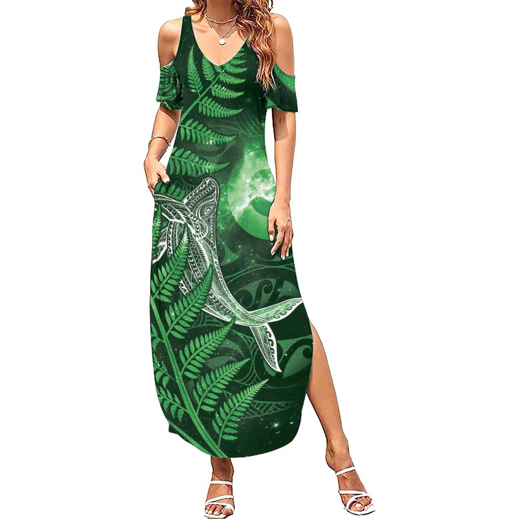 New Zealand Matariki Family Matching Summer Maxi Dress and Hawaiian Shirt Maori Koru With Humpback Whale Green LT05 Mom's Dress Green - Polynesian Pride