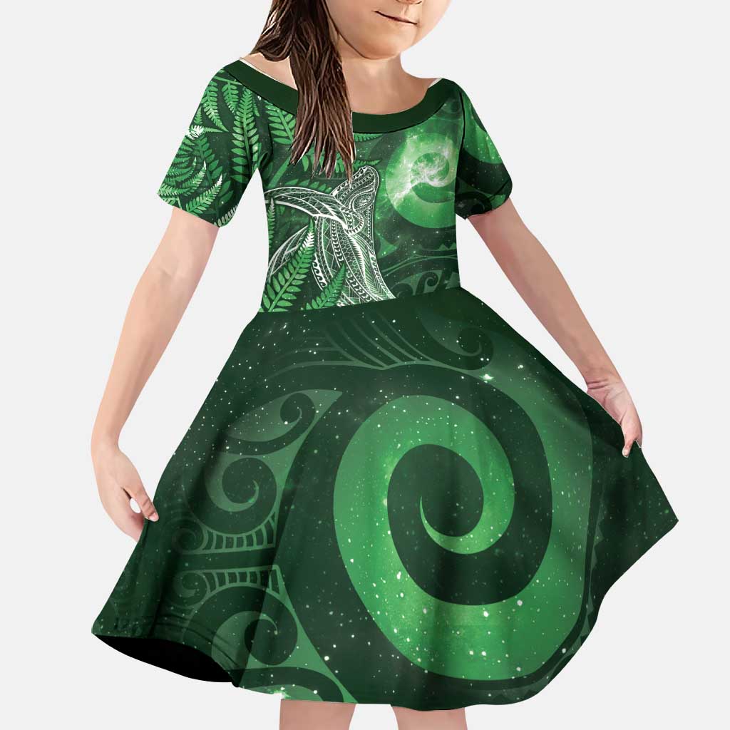 New Zealand Matariki Family Matching Tank Maxi Dress and Hawaiian Shirt Maori Koru With Humpback Whale Green LT05 Daughter's Dress Green - Polynesian Pride