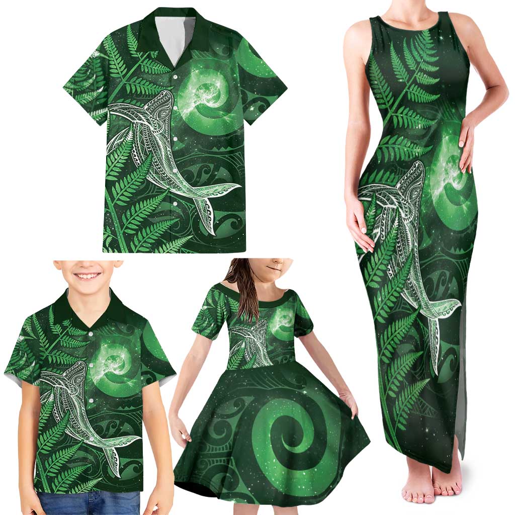 New Zealand Matariki Family Matching Tank Maxi Dress and Hawaiian Shirt Maori Koru With Humpback Whale Green
