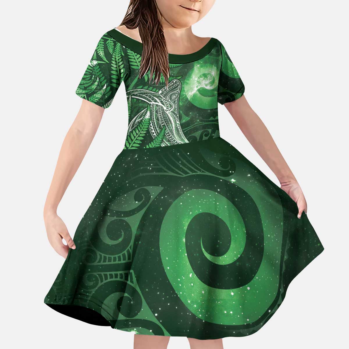 New Zealand Matariki Kid Short Sleeve Dress Maori Koru With Humpback Whale Green