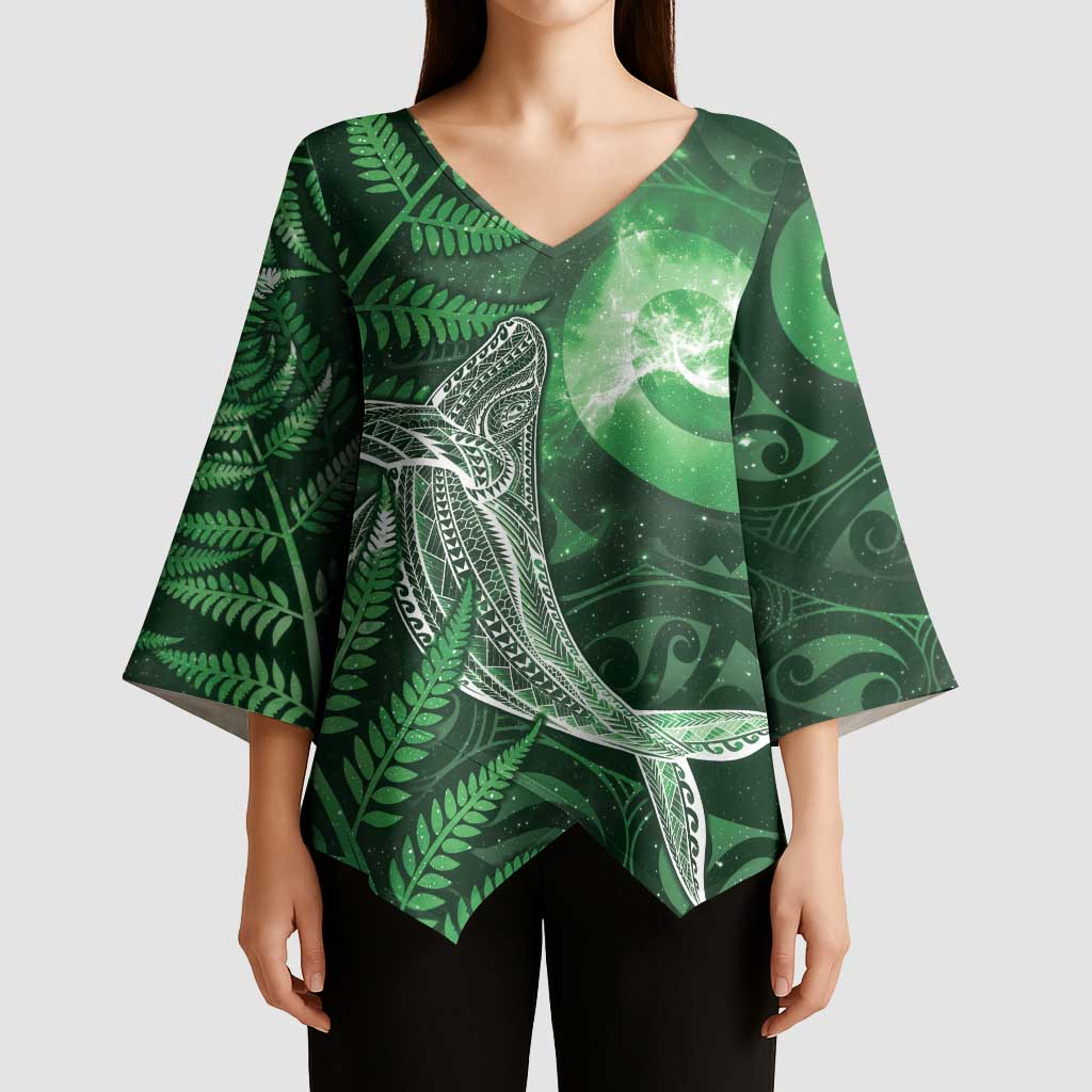 New Zealand Matariki Kimono Sleeve Blouse Maori Koru With Humpback Whale Green