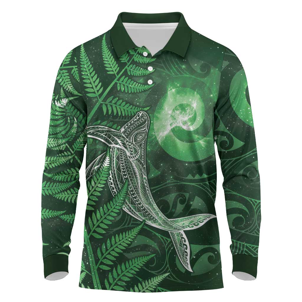 New Zealand Matariki Long Sleeve Polo Shirt Maori Koru With Humpback Whale Green