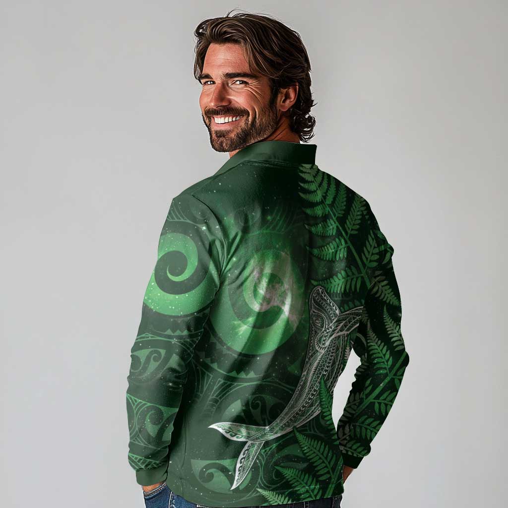 New Zealand Matariki Long Sleeve Polo Shirt Maori Koru With Humpback Whale Green