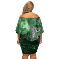 New Zealand Matariki Off Shoulder Short Dress Maori Koru With Humpback Whale Green