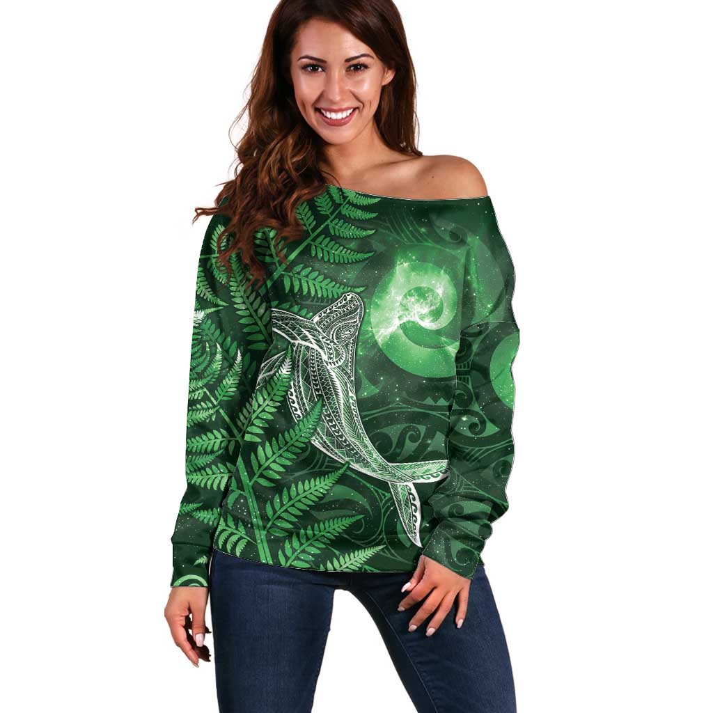 New Zealand Matariki Off Shoulder Sweater Maori Koru With Humpback Whale Green