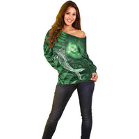New Zealand Matariki Off Shoulder Sweater Maori Koru With Humpback Whale Green