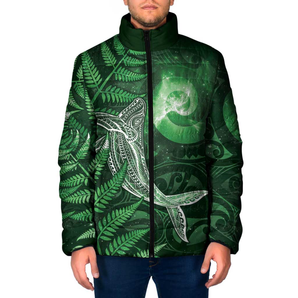 New Zealand Matariki Padded Jacket Maori Koru With Humpback Whale Green