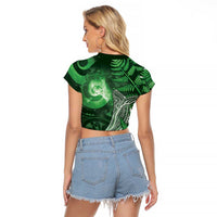 New Zealand Matariki Raglan Cropped T Shirt Maori Koru With Humpback Whale Green