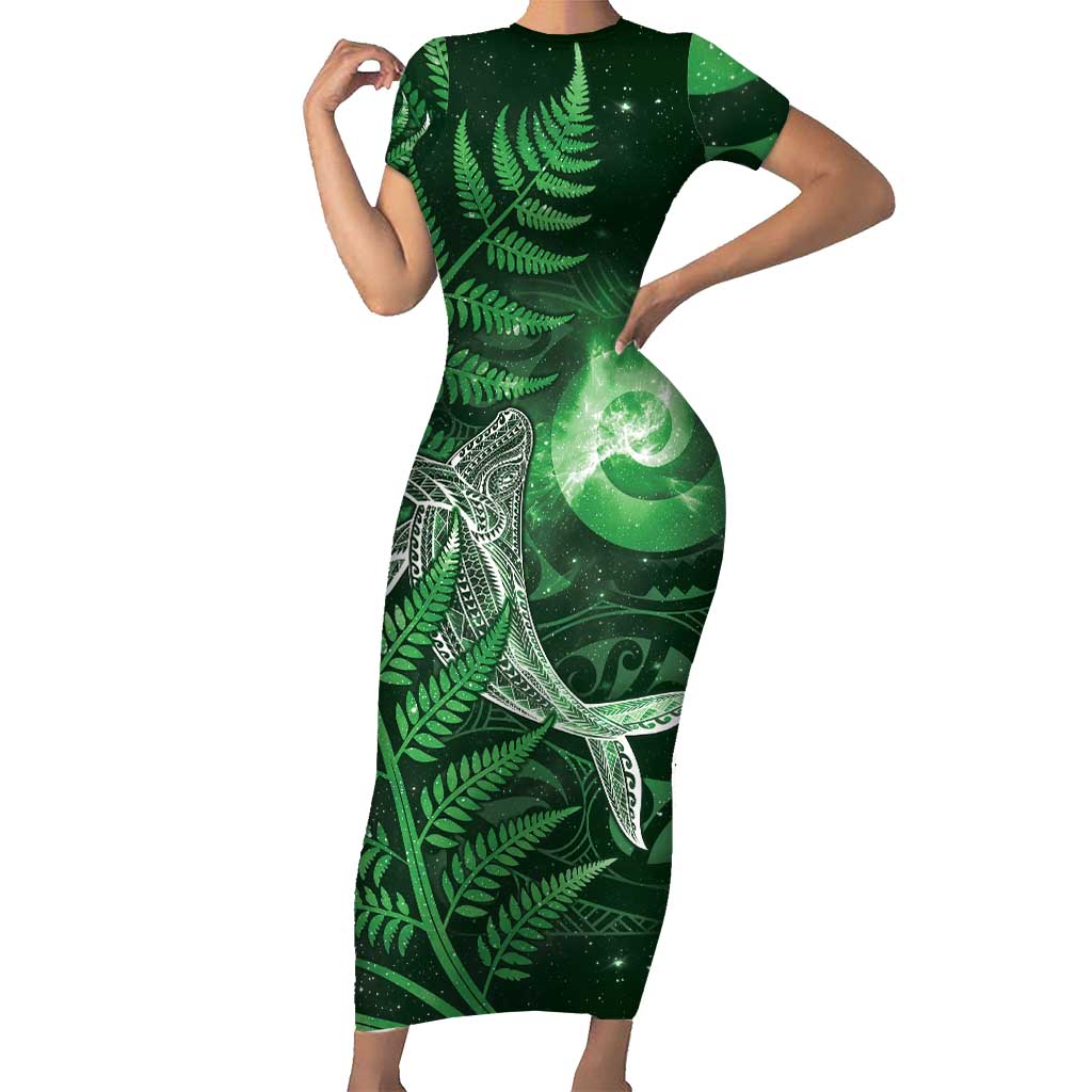 New Zealand Matariki Short Sleeve Bodycon Dress Maori Koru With Humpback Whale Green