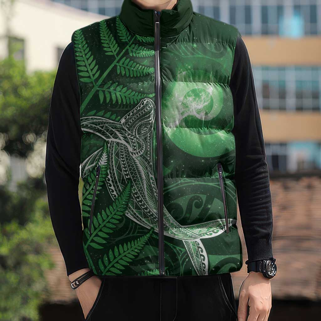 New Zealand Matariki Sleeveless Puffer Jacket Maori Koru With Humpback Whale Green