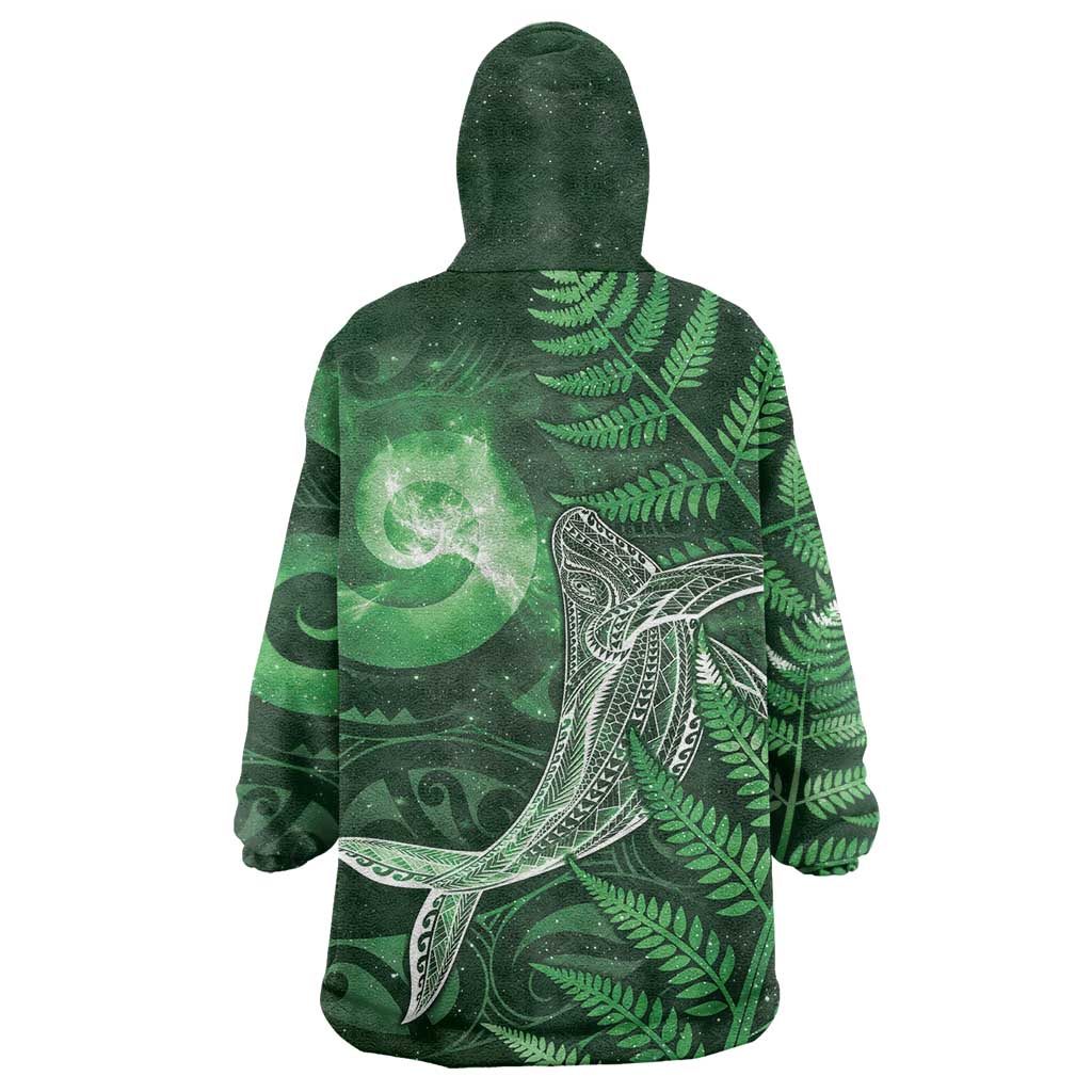 New Zealand Matariki Wearable Blanket Hoodie Maori Koru With Humpback Whale Green