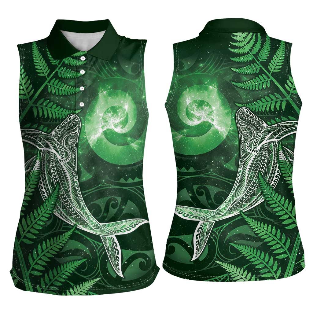 New Zealand Matariki Women Sleeveless Polo Shirt Maori Koru With Humpback Whale Green LT05 - Polynesian Pride