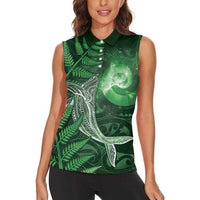 New Zealand Matariki Women Sleeveless Polo Shirt Maori Koru With Humpback Whale Green LT05 - Polynesian Pride