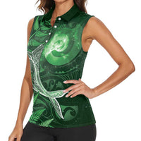 New Zealand Matariki Women Sleeveless Polo Shirt Maori Koru With Humpback Whale Green LT05 - Polynesian Pride