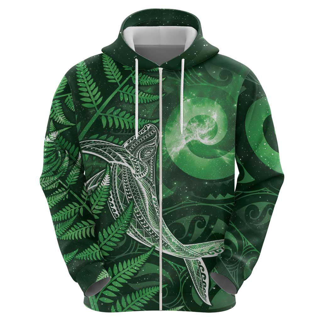 New Zealand Matariki Zip Hoodie Maori Koru With Humpback Whale Green