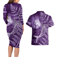 New Zealand Matariki Couples Matching Long Sleeve Bodycon Dress and Hawaiian Shirt Maori Koru With Humpback Whale Purple LT05 - Polynesian Pride