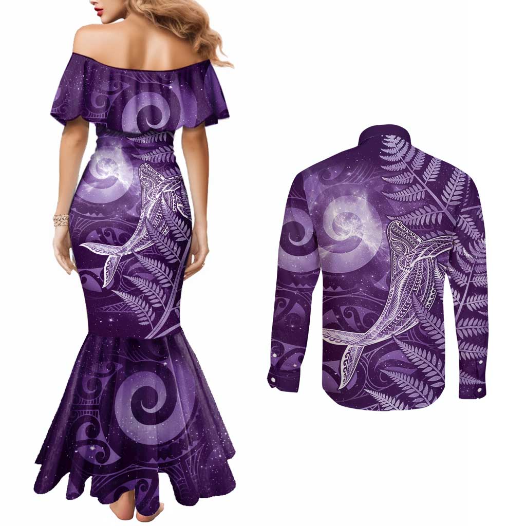 New Zealand Matariki Couples Matching Mermaid Dress and Long Sleeve Button Shirt Maori Koru With Humpback Whale Purple LT05 - Polynesian Pride