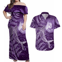New Zealand Matariki Couples Matching Off Shoulder Maxi Dress and Hawaiian Shirt Maori Koru With Humpback Whale Purple LT05 Purple - Polynesian Pride