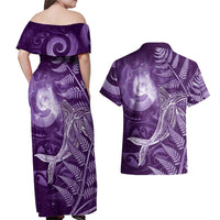 New Zealand Matariki Couples Matching Off Shoulder Maxi Dress and Hawaiian Shirt Maori Koru With Humpback Whale Purple LT05 - Polynesian Pride
