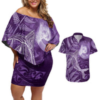 New Zealand Matariki Couples Matching Off Shoulder Short Dress and Hawaiian Shirt Maori Koru With Humpback Whale Purple LT05 Purple - Polynesian Pride
