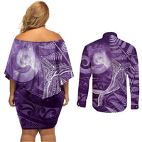 New Zealand Matariki Couples Matching Off Shoulder Short Dress and Long Sleeve Button Shirt Maori Koru With Humpback Whale Purple LT05 - Polynesian Pride